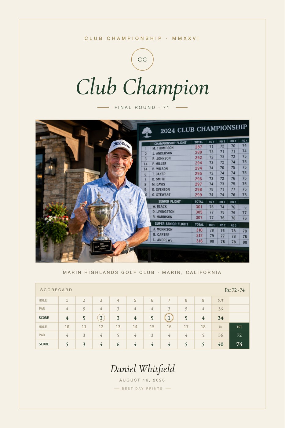 Club Championship print — Classic Country-Club design, shown with a sample photo and sample copy
